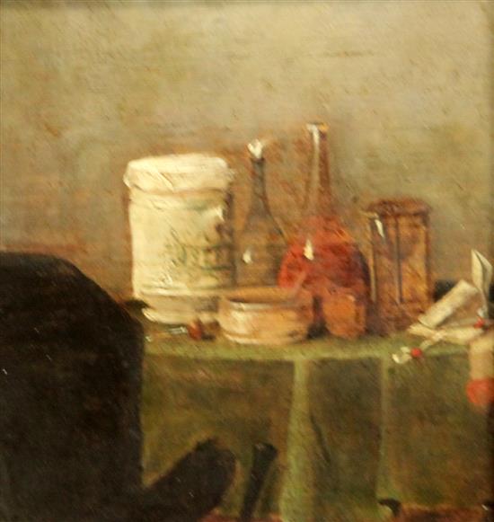 Attributed to Gerrit Van Vucht (1648-1697) Still life of bottles, Apothecary Jar and others on a table with a documents bearing seals 6